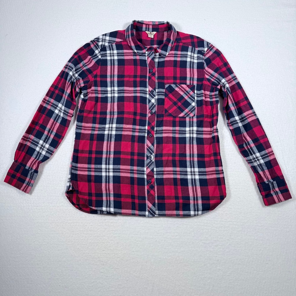 Woolrich Women's Flannel Shirt Long Sleeve Button Up Plaid Red Blue White L Fall